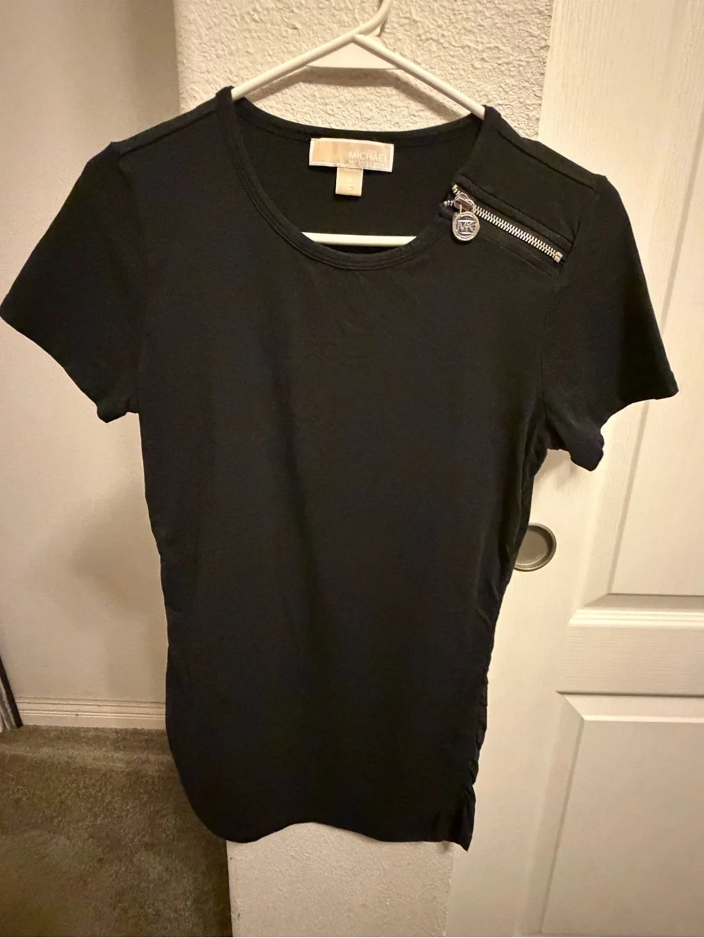 Michael Kors Black Short Sleeve Tee with Shoulder Zip Detail
